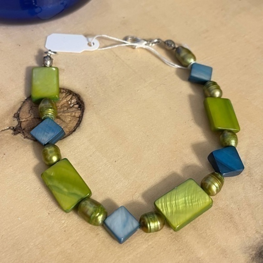 $49 SALE Handmade Green & Blue Geometric Bracelet Pearl Shell 8” Coastal Gift
